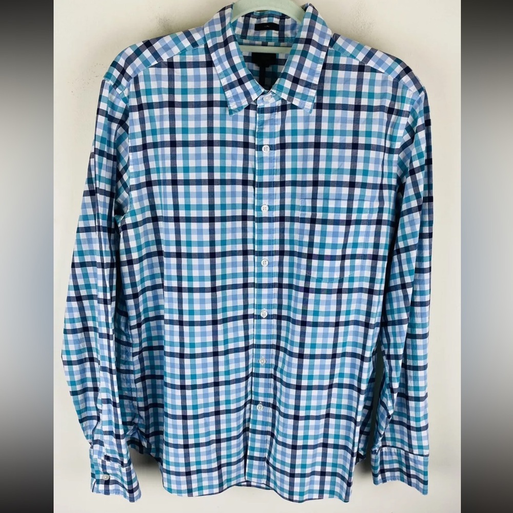 J. Crew Mens Shirt Large Blue Green Check Gingham Slim Button Front Pocket